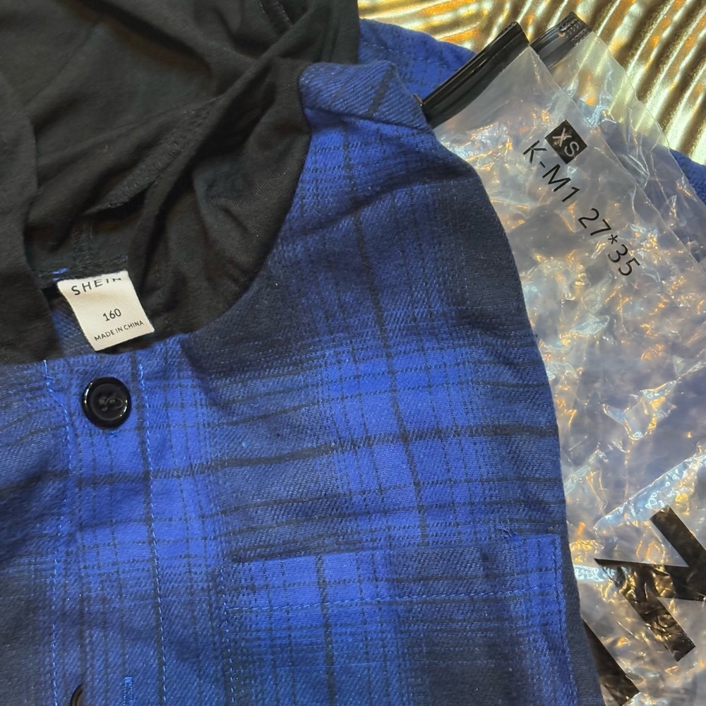SHEIN Black and Blue Plaid Hoodie - Picture 3 of 4